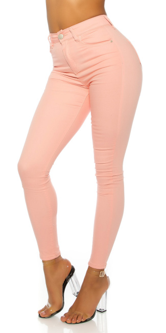 Trendy skinny jeans in pastel kleur koraal-kleurig